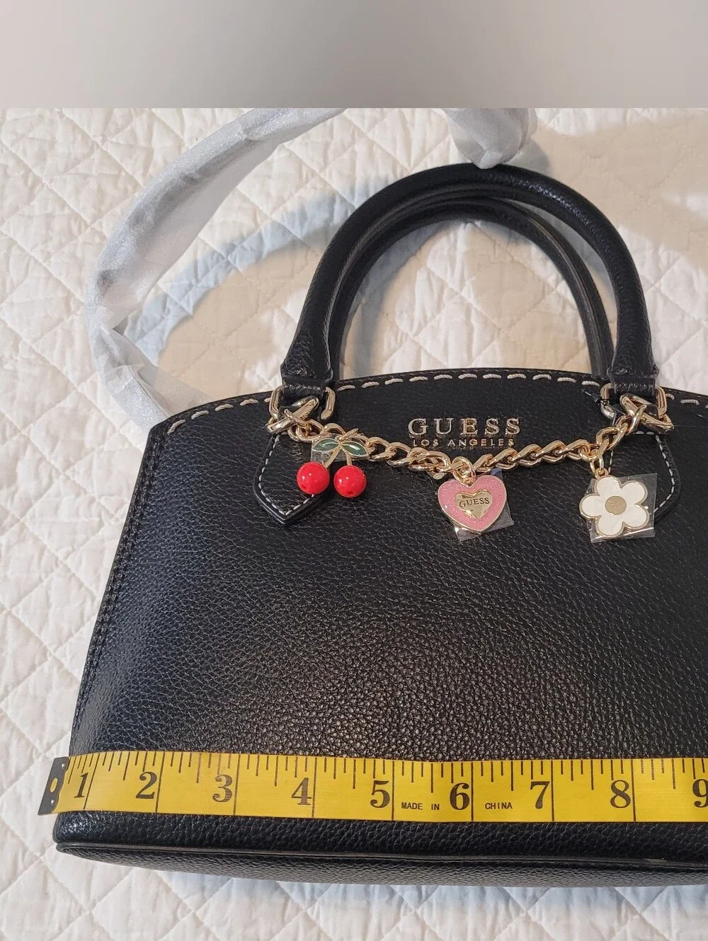 NWT GUESS Davina Charms Black Satchel Handbag with Gold Chain and Charm Accents